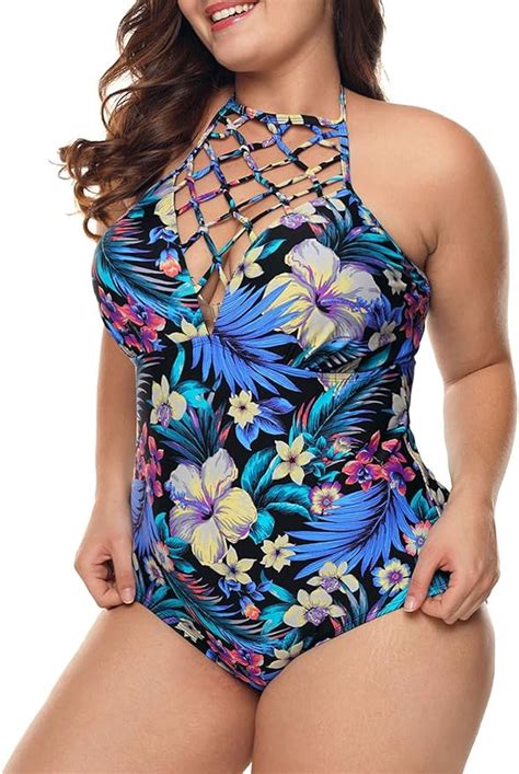 CORAFRITZ Damen Badeanzug Übergröße Boho Stil Einteiler Blumendruck