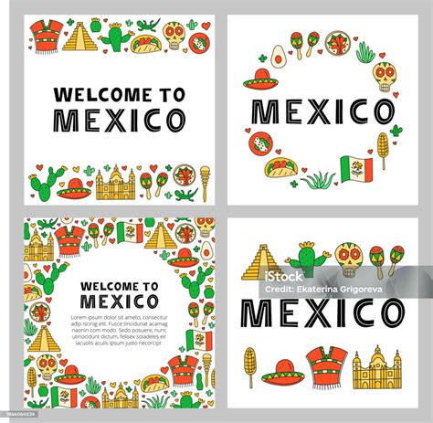 Set Of Mexican Welcome Posters With National Landmarks Food And