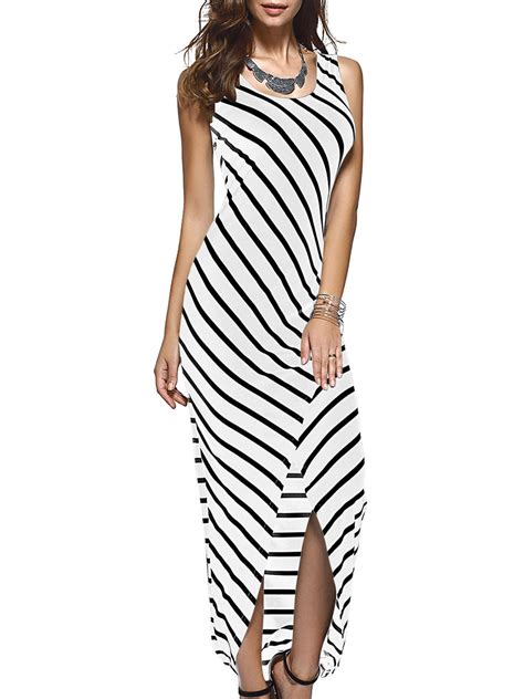 Women Black White Striped Boho Maxi Dresses 2016 Summer Style
