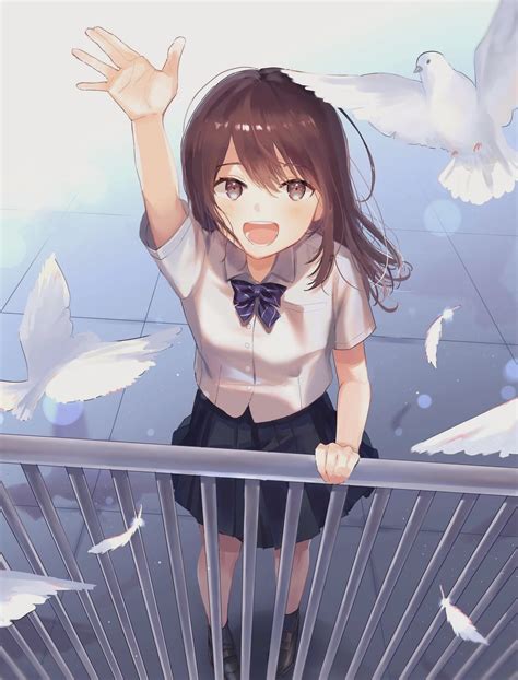 Birds Open Mouth Oyuyu Brown Eyes School Uniform Anime Girls