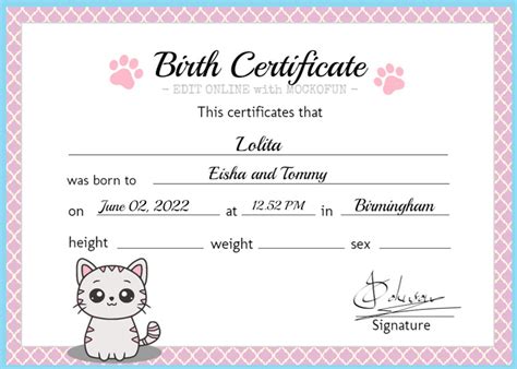 Free Printable Pet Birth Certificate Printable Templates By Nora