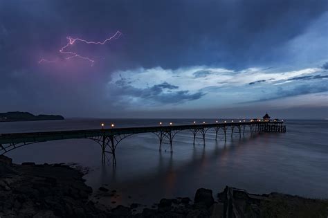 Wallpaper Lightning Storm Pier Sea Sky 2048x1365