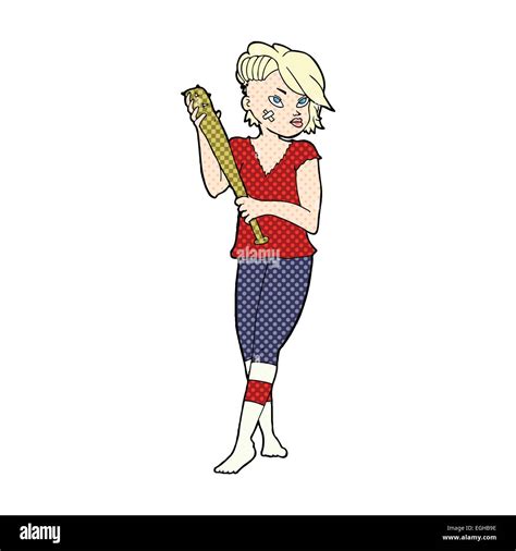 Retro Comic Book Style Cartoon Pretty Punk Girl With Baseball Bat Stock