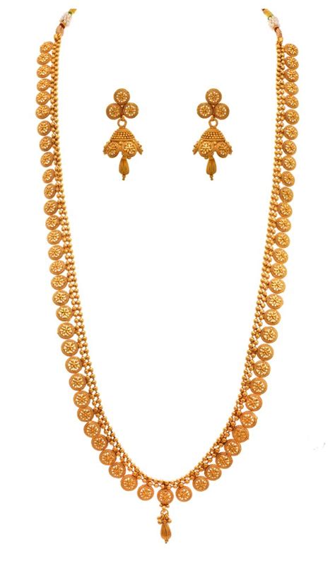 Jfl Golden Gold Plated Designer Long Necklace Set Size Ht 29 Cms