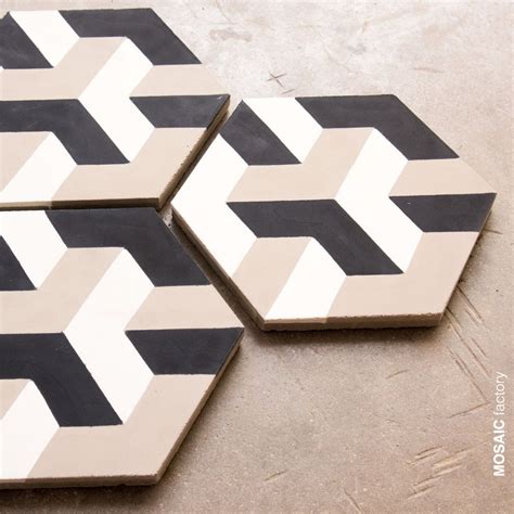 Hexagonal Cement Tile With Black White And Beige Geometric Tile