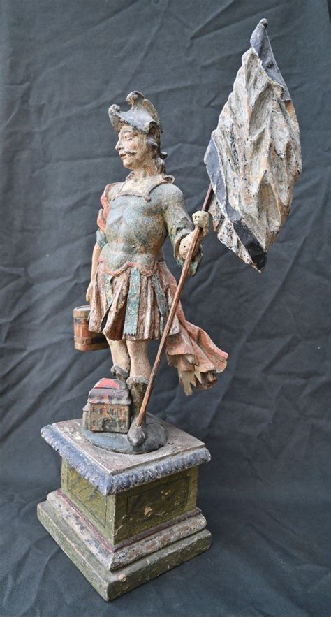 Proantic Statue De Saint Florian En Bois Sculpté Polychrome Italien