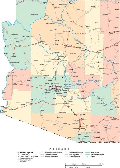 Arizona Digital Vector Map With Counties Major Cities Roads Rivers