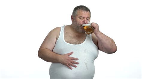 Happy Man Drinking Beer On White Background Obese Guy Drinking Beer