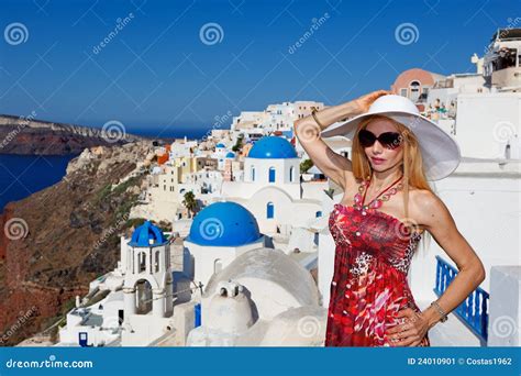 woman in santorini stock image image of greece pretty 24010901