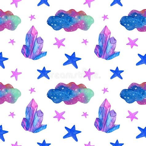 Watercolor Magic Crystal Clouds And Stars Seamless Pattern Isolated On