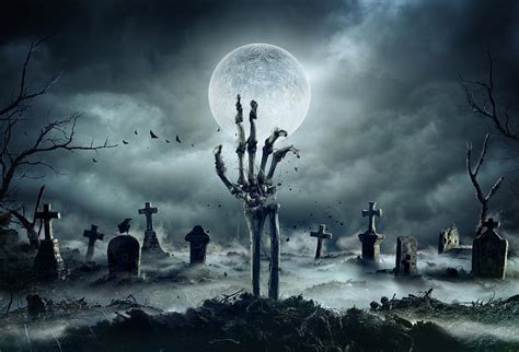 Skeleton Zombie Hand Rising Out Of A Graveyard Halloween Drawing By