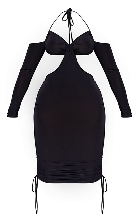 Shape Black Slinky Cut Out Ruched Bodycon Dress Prettylittlething Qa