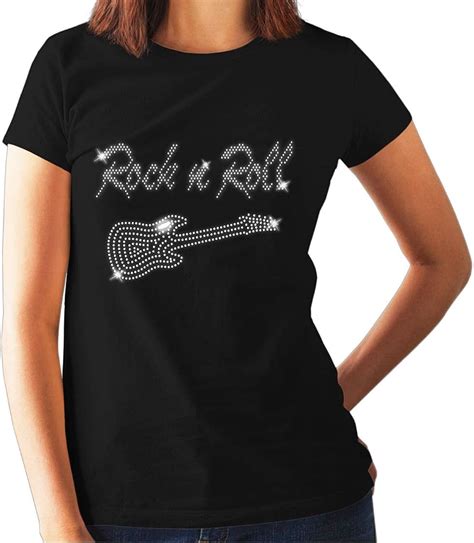 Rock And Roll Guitar Ladies Fitted T Shirt Crystal Rhinestone