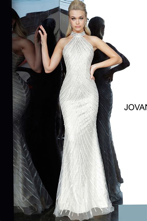 Jovani Nude Silver High Neck Embellished Prom Dress