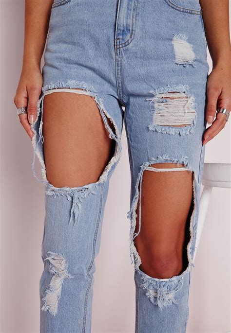 Missguided Extreme Rip Mom Jeans Bleached Blue Ripped Mom Jeans