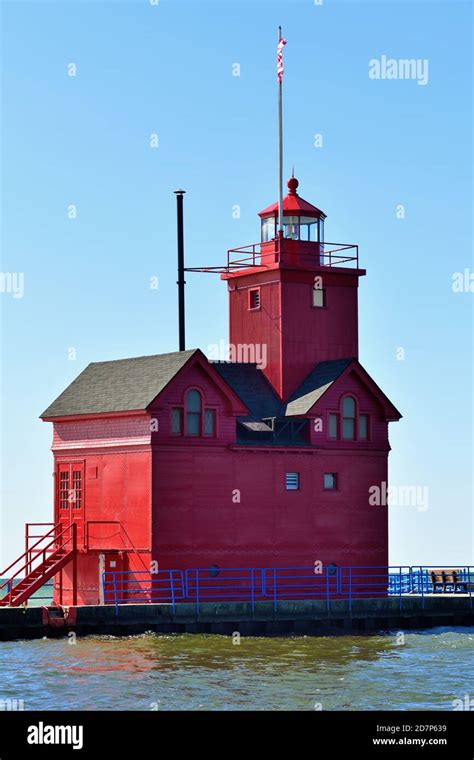 Holland Michigan USA The Holland Harbor Light Also Known As Big Red On A Clear But Windy