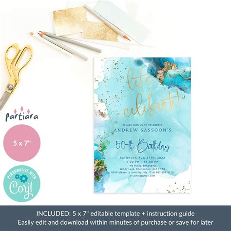Teal Gold Birthday Invitation Template Editable Party Invites Etsy France
