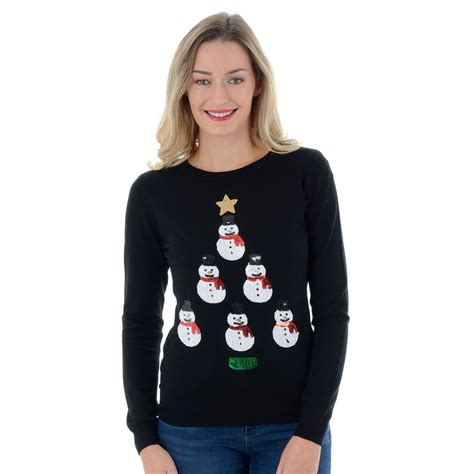 Ladies Womens Novelty Sequins Cute Snowmen Xmas Tree Christmas Jumper