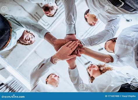 Underneath View Business Teamwork Groups People Hands Stacked Huddle Together Unity