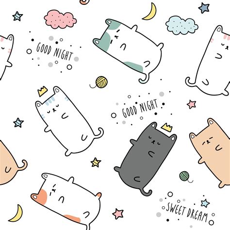 Cute Chubby Cat Kitten Sleeping Cartoon Doodle Seamless Pattern 2423377