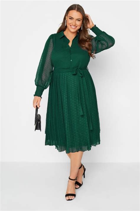 Yours London Plus Size Forest Green Dobby Pleat Shirt Midi Dress