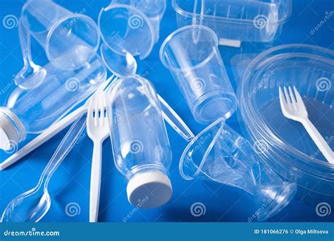 Single Use Plastic Bottles Cups Forks Spoons Concept Of Recycling
