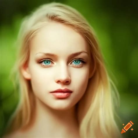 Close Up Portrait Of A Beautiful Blonde Girl With Green Eyes In Nature