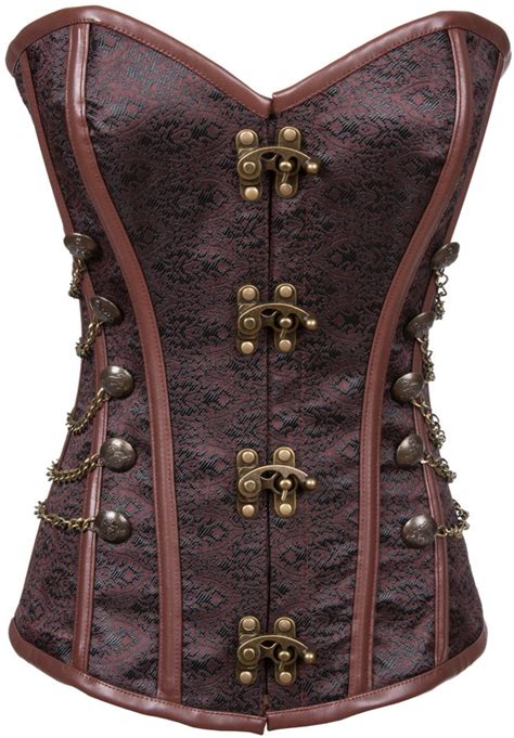 Brown Brocade Steampunk Corset With Chains For Women Steampunk Corsets