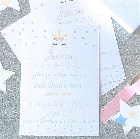 Pastel Unicorn Personalised Birthday Party Invitations By Copper And Grey