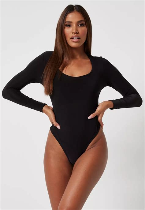 Missguided Black Slinky Seam Free Square Neck Long Sleeve Bodysuit In