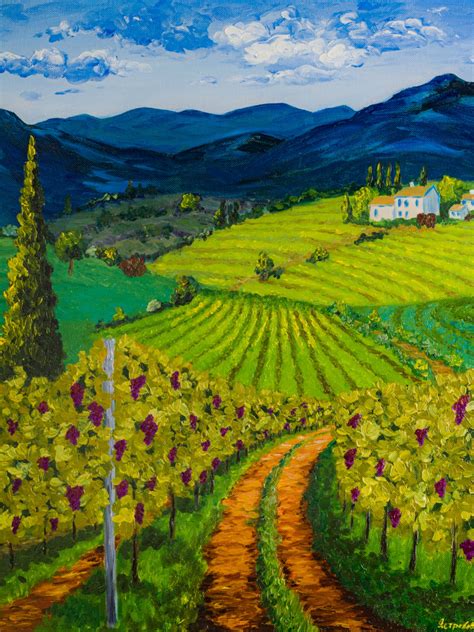 Tuscany Vineyards Wine Country Vineyard Farm Landscape Village Painting