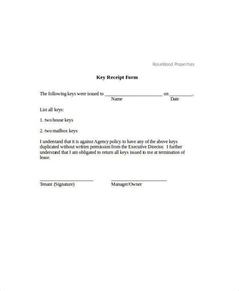 Receipt Of Property Keys Template Latest Receipt Forms