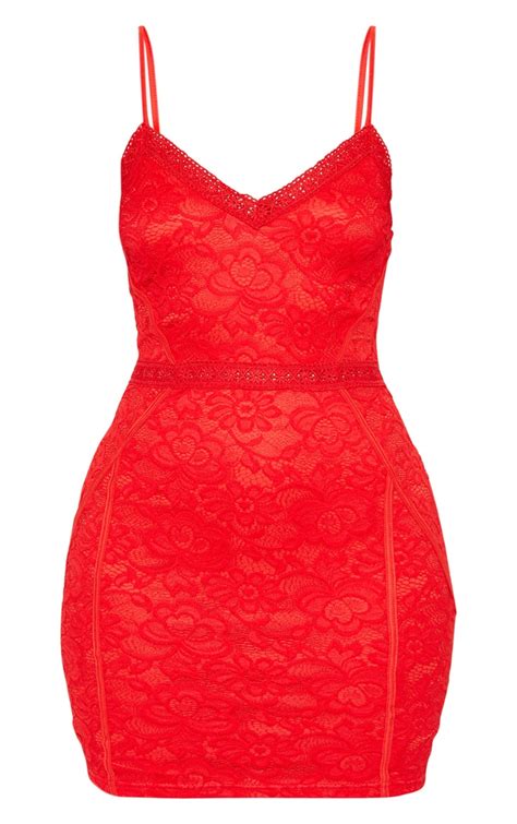 Red Lace Embroidered Trim Bodycon Dress Prettylittlething Ie