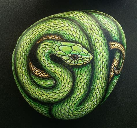 West African Green Mamba Snake Hand Painted Rock Art Garden Decor
