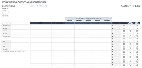 Bid Comparison Template Free Free Printable Templates