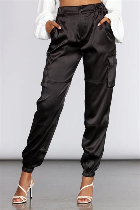 Satin Cargo Style Joggers Cargo Joggers Outfits Black Joggers Outfit Cargo Pants Outfit