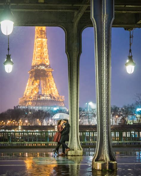 Romantic Photo Shoot In The Rain With Lit Up Eiffel Tower By Night