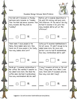 The teacher should use the first two problems on the worksheet. Snowman Change Unknown Word Problems by Erin Sample | TpT