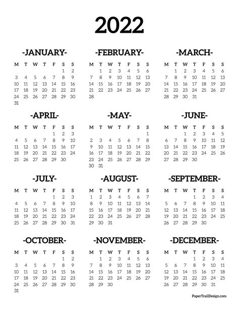 Printable Calendar 2022 Starting Monday Jan To Dec Calendar Editable