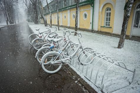 Bicycles Smoothly Covered With Fresh Snow After Weather Phenomena