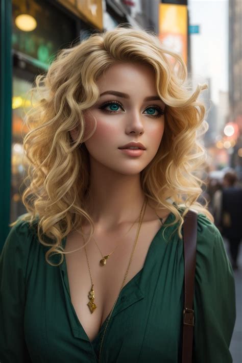 a blonde woman with eyes a shade of deep green her hair is styled in loose curls in 2023