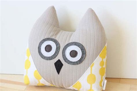 Grey And Yellow Owl Pillow With Hand Printed Wings By Heidivanveen 25