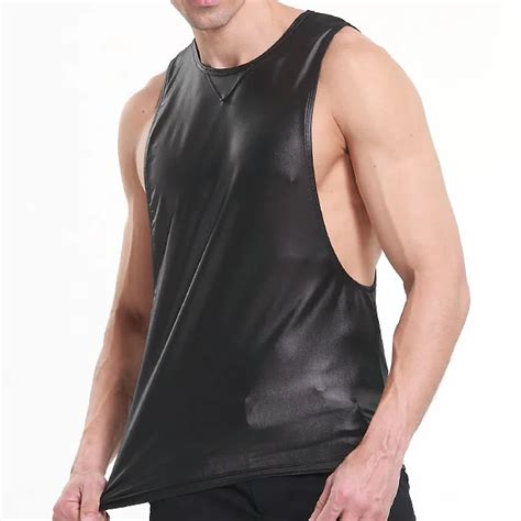 Men Tank Top Summer Imitation Faux Leather Breathable Loose Vest Club