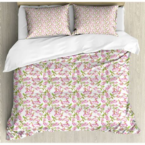 Cherry Blossom Queen Size Duvet Cover Set Hand Drawn Cherry Blossom Flowers And Leaves On Tree