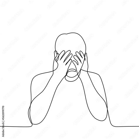 Man Crying Covering His Face With His Hands One Line Drawing Vector