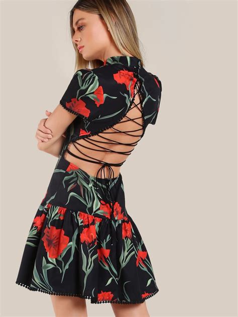 Lace Up Back Drop Waist Fit And Flare Dress Sheinsheinside Fit Flare