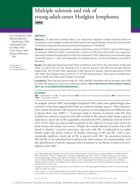 Pdf Multiple Sclerosis And Risk Of Young Adult Onset Hodgkin Lymphoma