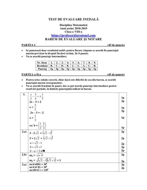 Test Initial Matematica Clasa A 8 A Cu Rezolvare Barem An Scolar