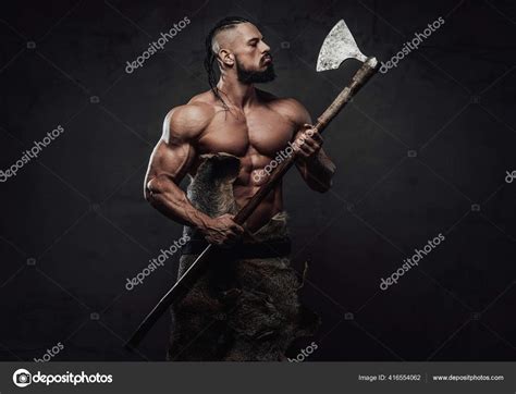 Viking Fighter Posing Looking At His Axe In Dark Background Stock Photo By Fxquadro