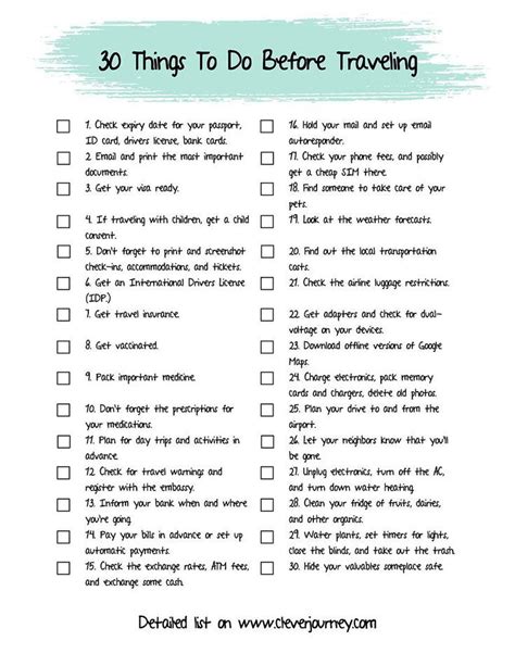 30 Things To Do Before Traveling Abroad Printable Checklist Packing